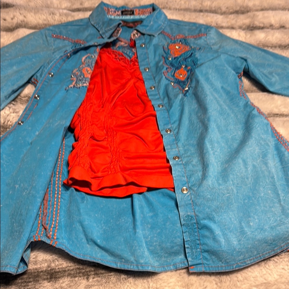 Roar Blue and Orange Western button up with Embroidery